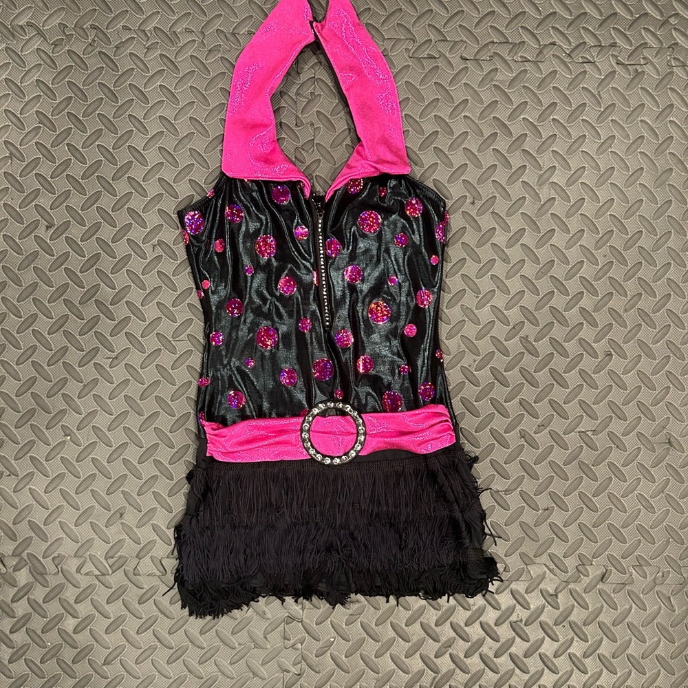 Black & Pink One-Piece Dance Costume with Fringe Shorts